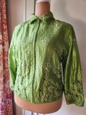 Vtg Anage 100% Silk Grass Green Beaded Jacket